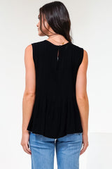 Cassidy Top - Crew Neck Sleeveless Swing Top with Pleats in Black