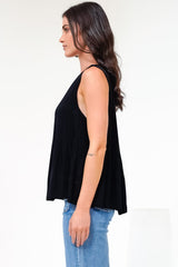 Cassidy Top - Crew Neck Sleeveless Swing Top with Pleats in Black