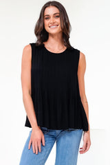 Cassidy Top - Crew Neck Sleeveless Swing Top with Pleats in Black