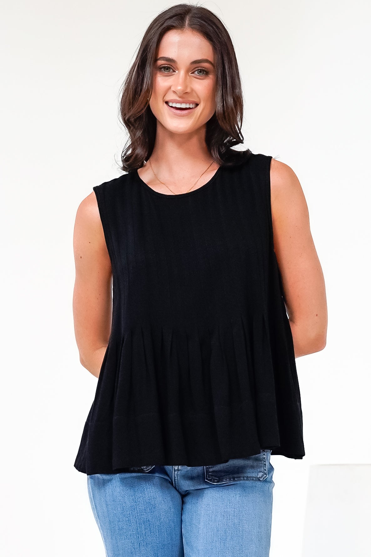 Cassidy Top - Crew Neck Sleeveless Swing Top with Pleats in Black