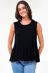 Cassidy Top - Crew Neck Sleeveless Swing Top with Pleats in Black