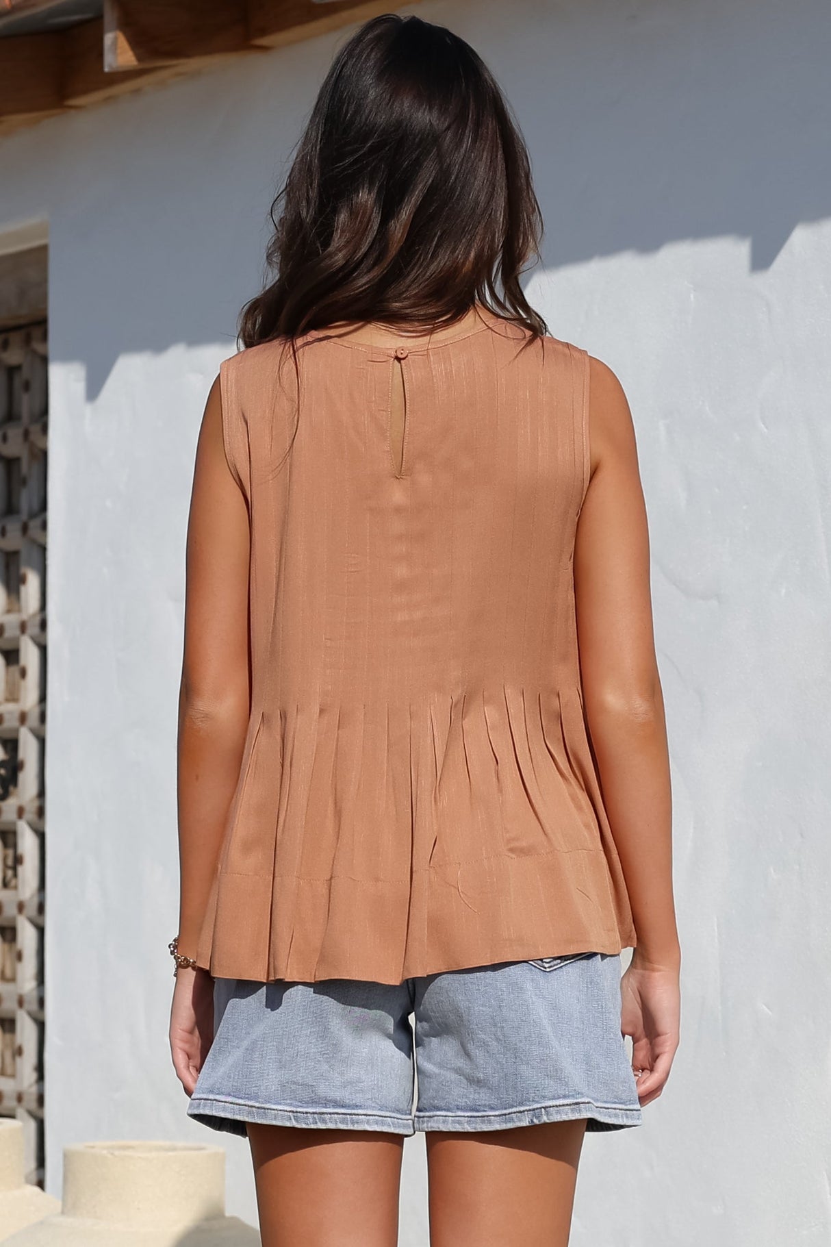 Cassidy Top - Crew Neck Sleeveless Swing Top with Pleats in Rust