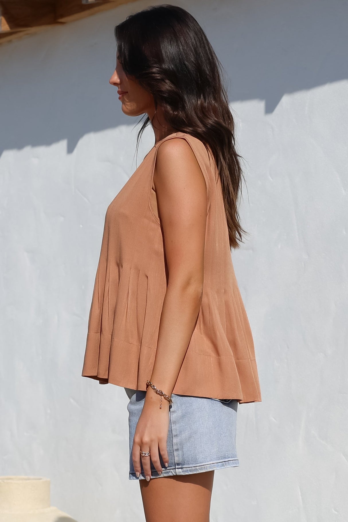 Cassidy Top - Crew Neck Sleeveless Swing Top with Pleats in Rust