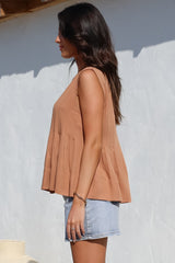 Cassidy Top - Crew Neck Sleeveless Swing Top with Pleats in Rust