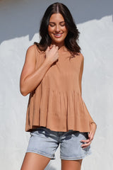 Cassidy Top - Crew Neck Sleeveless Swing Top with Pleats in Rust