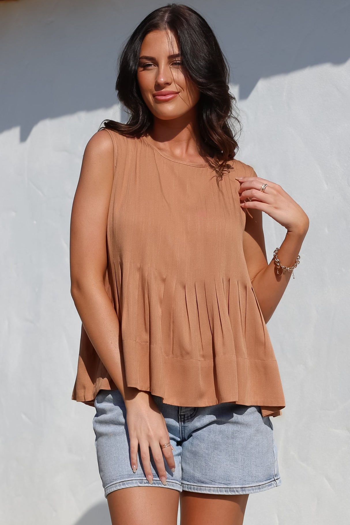Cassidy Top - Crew Neck Sleeveless Swing Top with Pleats in Rust