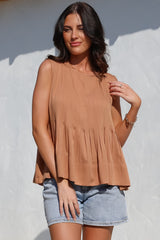 Cassidy Top - Crew Neck Sleeveless Swing Top with Pleats in Rust