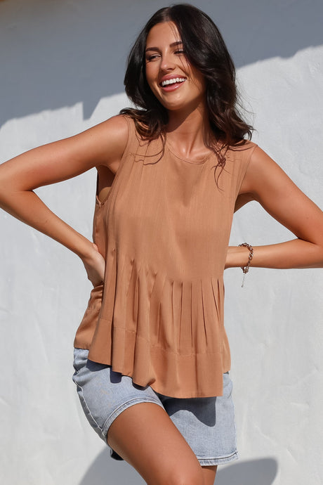 Cassidy Top - Crew Neck Sleeveless Swing Top with Pleats in Rust