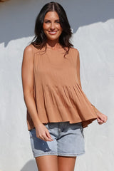 Cassidy Top - Crew Neck Sleeveless Swing Top with Pleats in Rust