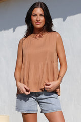 Cassidy Top - Crew Neck Sleeveless Swing Top with Pleats in Rust
