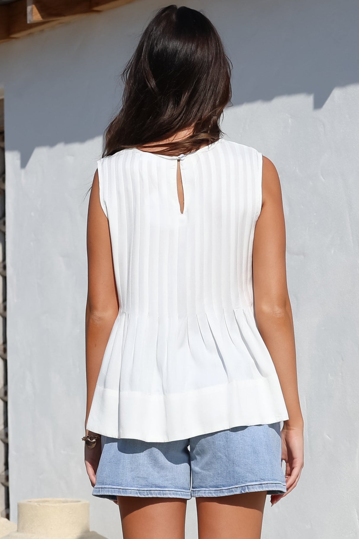 Cassidy Top - Crew Neck Sleeveless Swing Top with Pleats in White