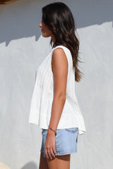 Cassidy Top - Crew Neck Sleeveless Swing Top with Pleats in White