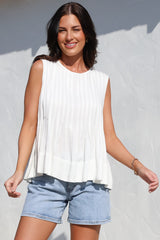 Cassidy Top - Crew Neck Sleeveless Swing Top with Pleats in White