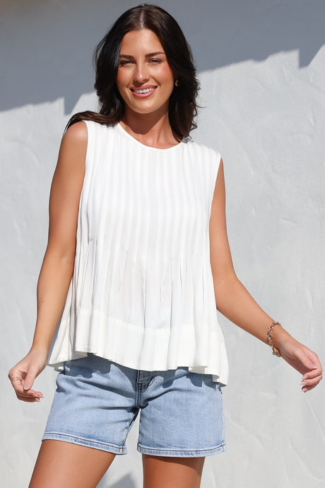 Cassidy Top - Crew Neck Sleeveless Swing Top with Pleats in White