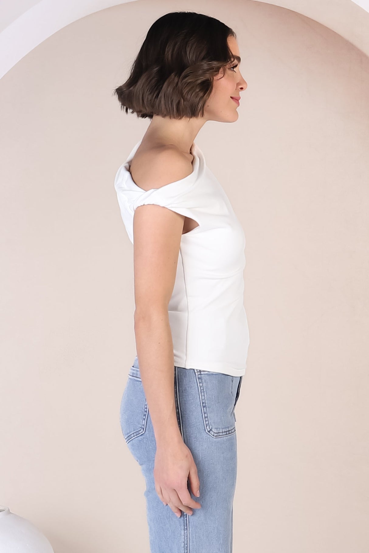 Cassie Top - Aysmmetric Neckline One Shoulder Knit Top in White