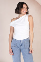 Cassie Top - Aysmmetric Neckline One Shoulder Knit Top in White