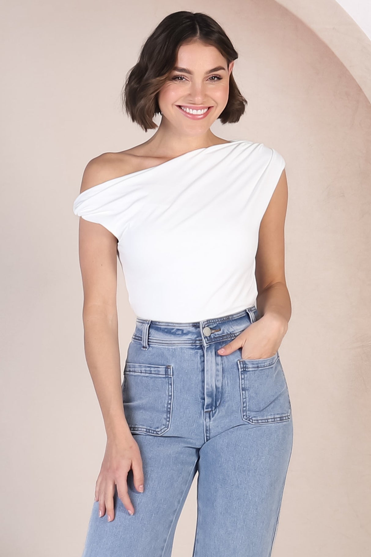 Cassie Top - Aysmmetric Neckline One Shoulder Knit Top in White