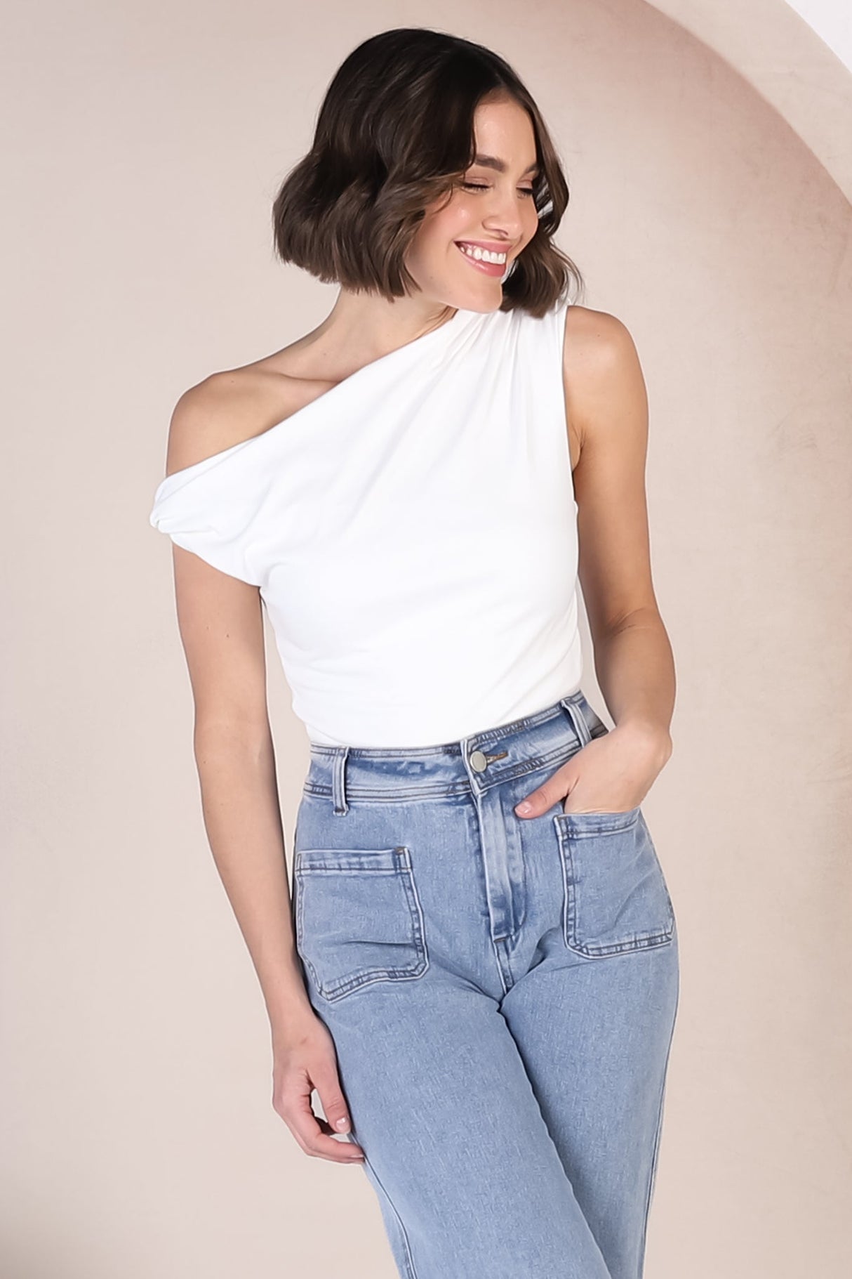 Cassie Top - Aysmmetric Neckline One Shoulder Knit Top in White