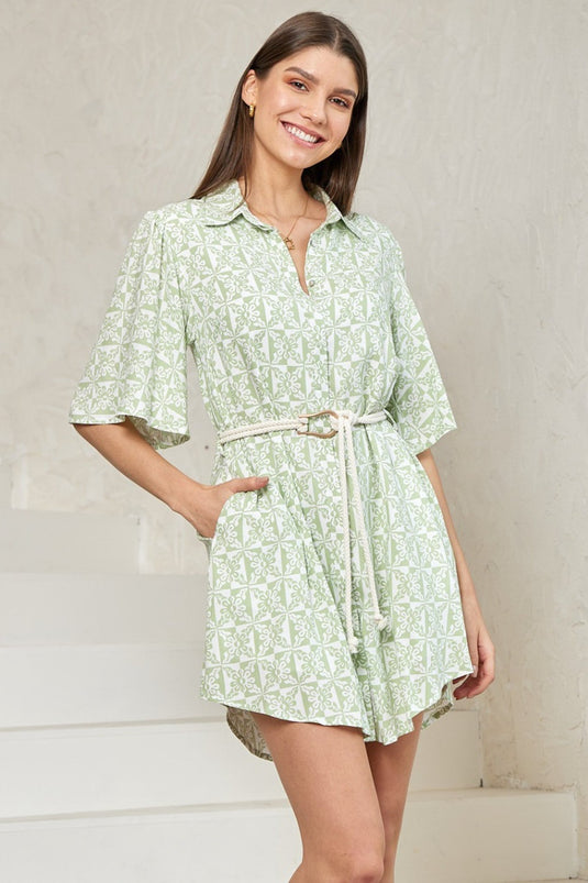 Catalina Mini Dress - Shirt Dress with Bell Sleeves and Rope Belt