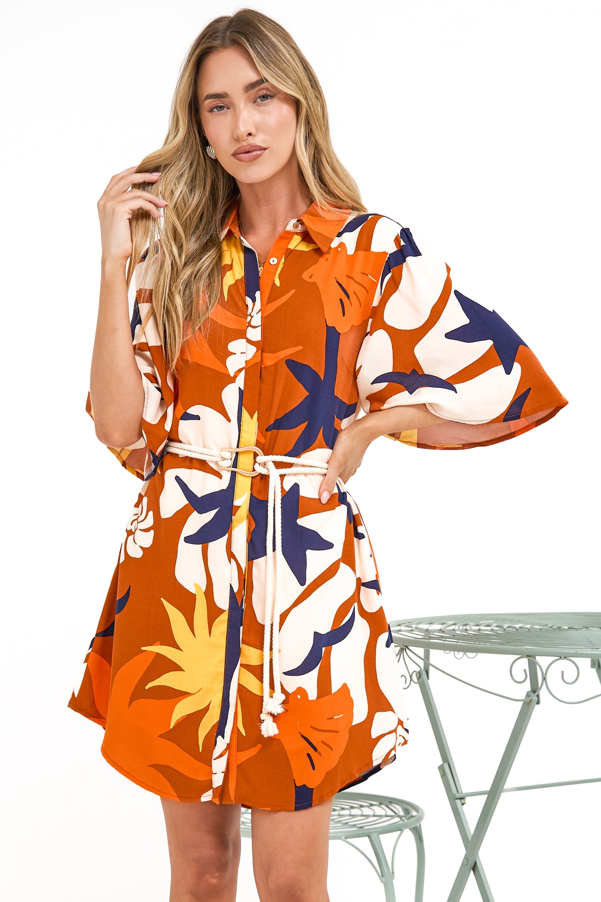 Catalina Mini Dress - Shirt Dress with Bell Sleeves and Rope Belt in Simba Print