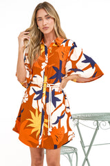 Catalina Mini Dress - Shirt Dress with Bell Sleeves and Rope Belt in Simba Print