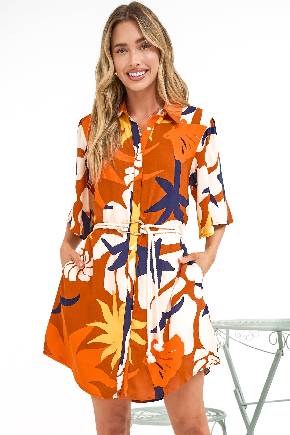Catalina Mini Dress - Shirt Dress with Bell Sleeves and Rope Belt in Simba Print