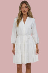 Ivory Mini Dress - Mandarin Collar 3/4 Sleeve Tiered Dress with Subtle Embroidered Pattern in White