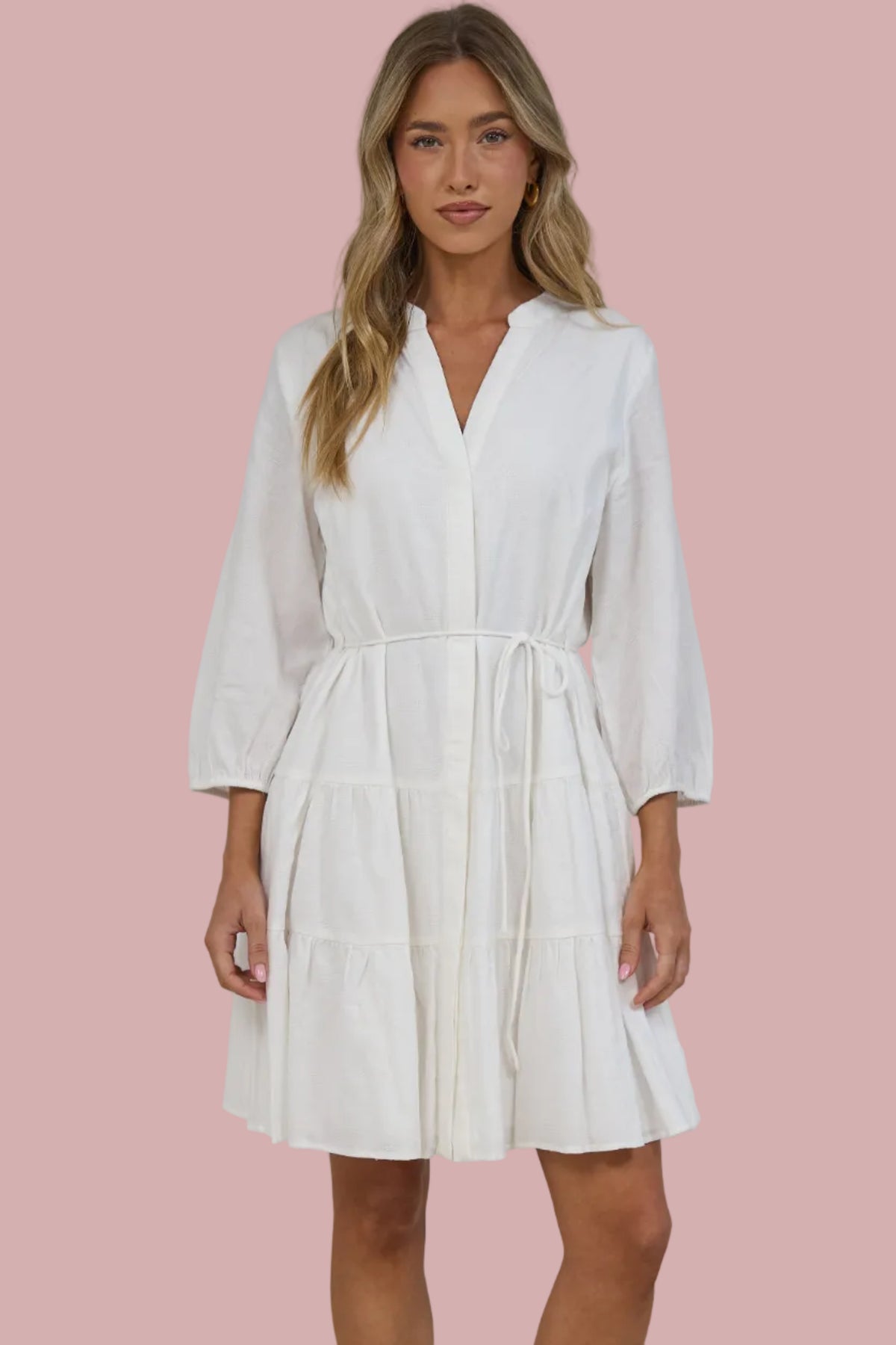 Ivory Mini Dress - Mandarin Collar 3/4 Sleeve Tiered Dress with Subtle Embroidered Pattern in White