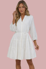 Ivory Mini Dress - Mandarin Collar 3/4 Sleeve Tiered Dress with Subtle Embroidered Pattern in White