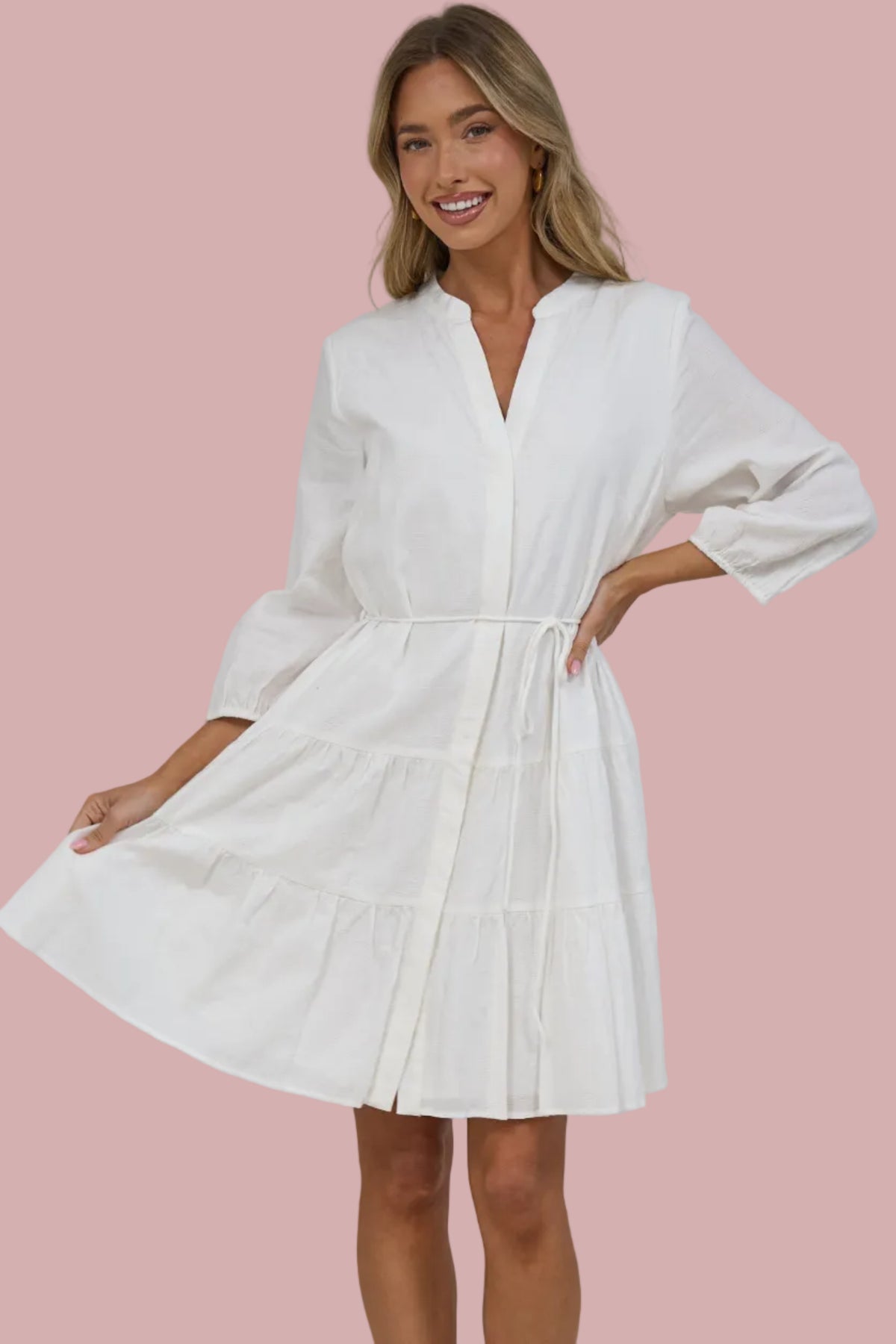 Ivory Mini Dress - Mandarin Collar 3/4 Sleeve Tiered Dress with Subtle Embroidered Pattern in White