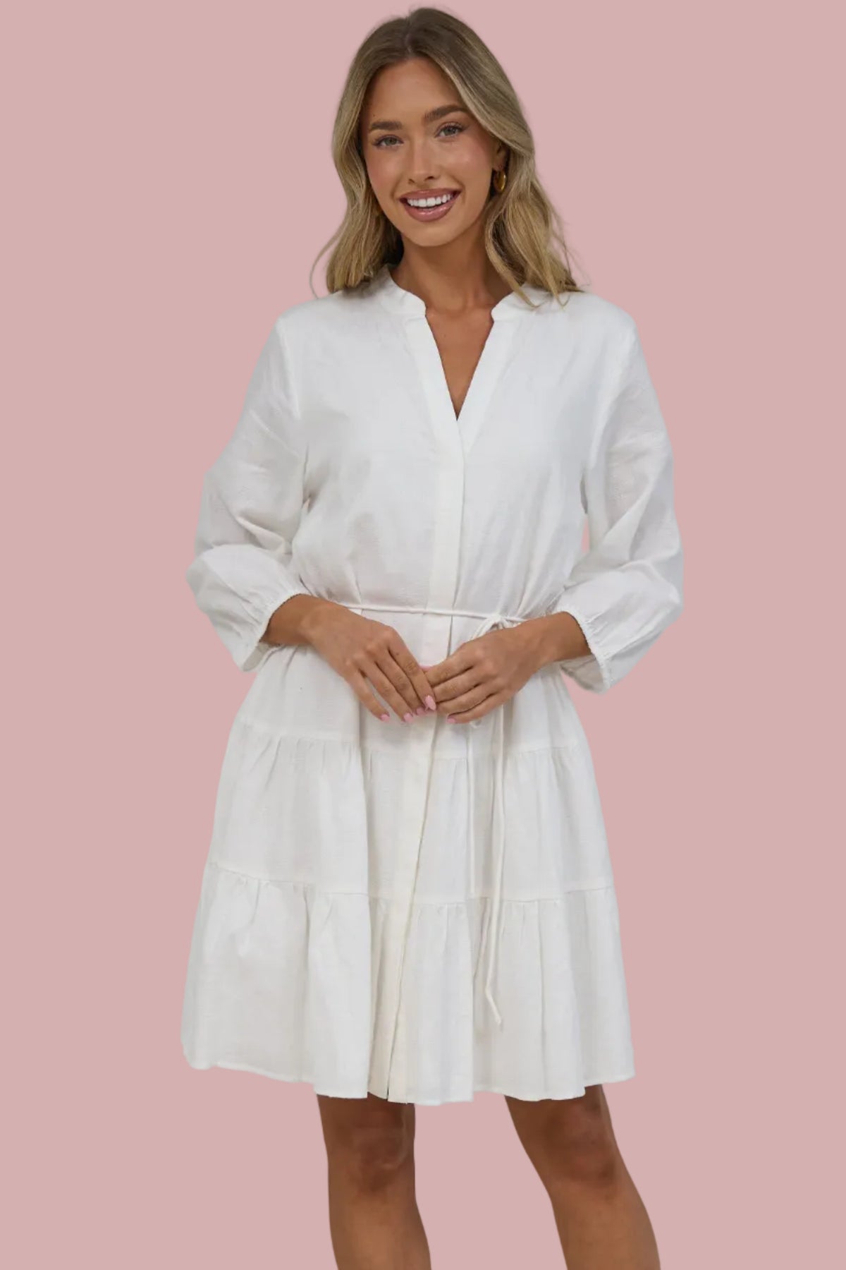 Ivory Mini Dress - Mandarin Collar 3/4 Sleeve Tiered Dress with Subtle Embroidered Pattern in White