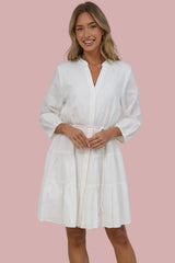 Ivory Mini Dress - Mandarin Collar 3/4 Sleeve Tiered Dress with Subtle Embroidered Pattern in White