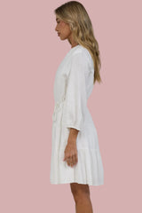 Ivory Mini Dress - Mandarin Collar 3/4 Sleeve Tiered Dress with Subtle Embroidered Pattern in White