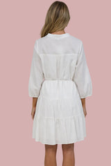 Ivory Mini Dress - Mandarin Collar 3/4 Sleeve Tiered Dress with Subtle Embroidered Pattern in White