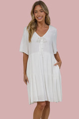 Zadie Mini Dress -  V Neck Front Button Placket Dress with Flutter Sleeves in White