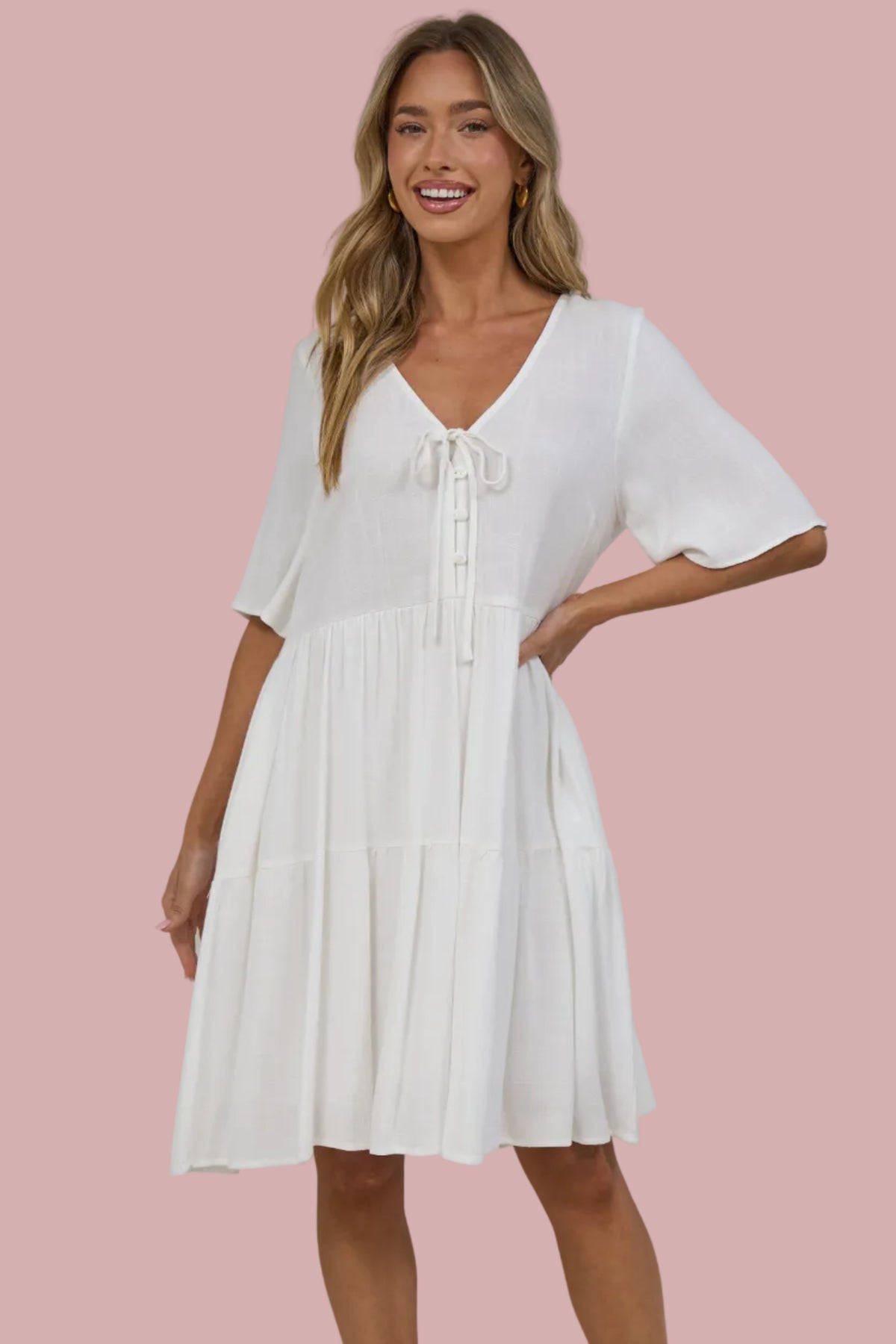 Zadie Mini Dress -  V Neck Front Button Placket Dress with Flutter Sleeves in White