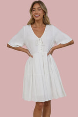 Zadie Mini Dress -  V Neck Front Button Placket Dress with Flutter Sleeves in White