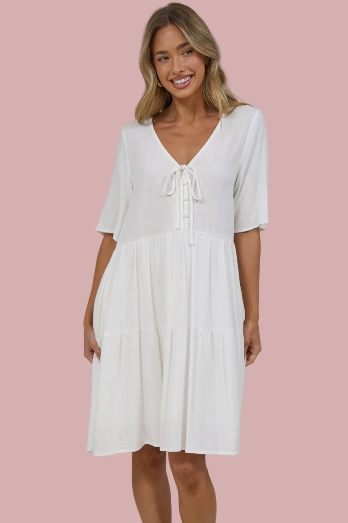 Zadie Mini Dress -  V Neck Front Button Placket Dress with Flutter Sleeves in White