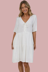 Zadie Mini Dress -  V Neck Front Button Placket Dress with Flutter Sleeves in White