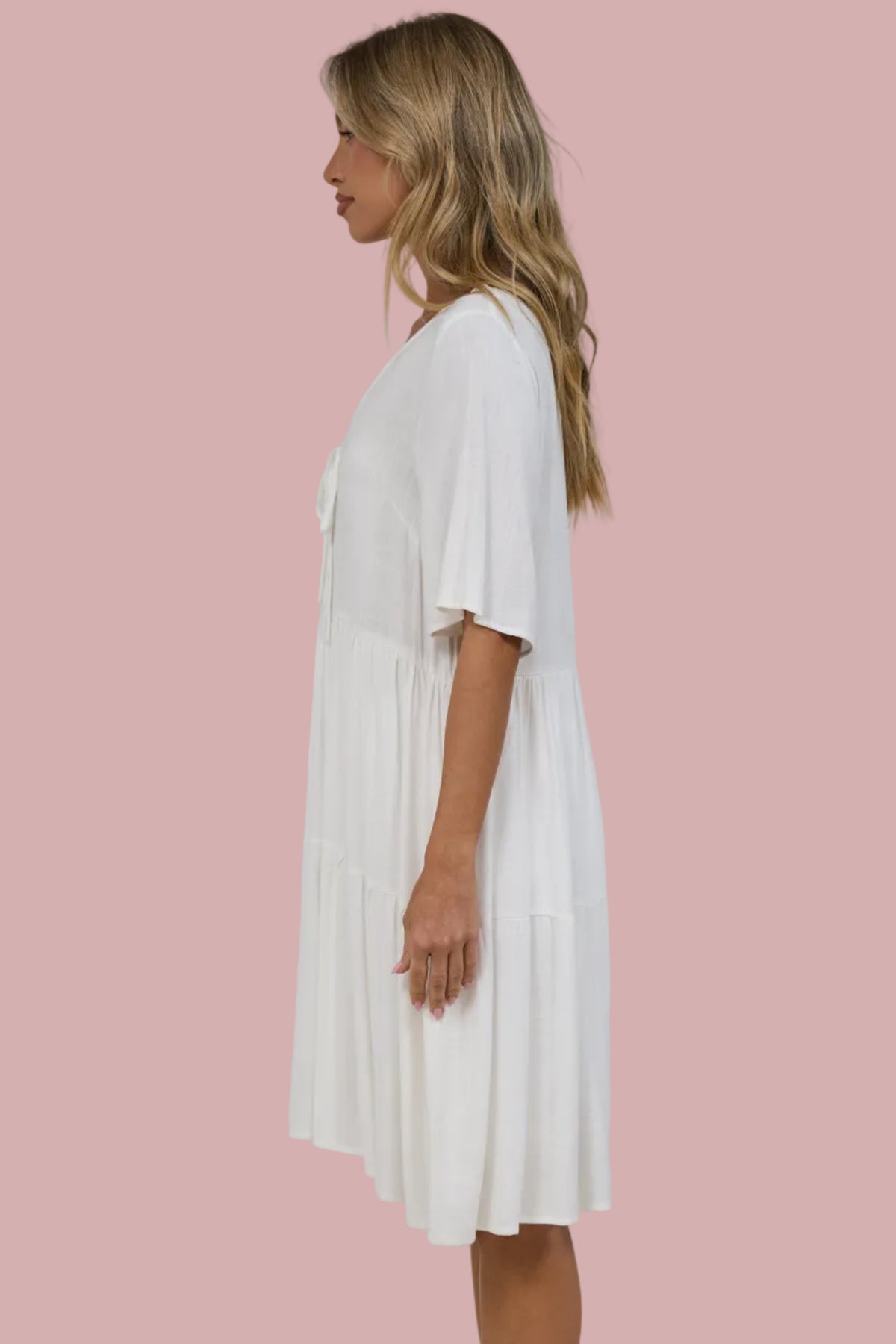 Zadie Mini Dress -  V Neck Front Button Placket Dress with Flutter Sleeves in White