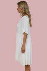 Zadie Mini Dress -  V Neck Front Button Placket Dress with Flutter Sleeves in White