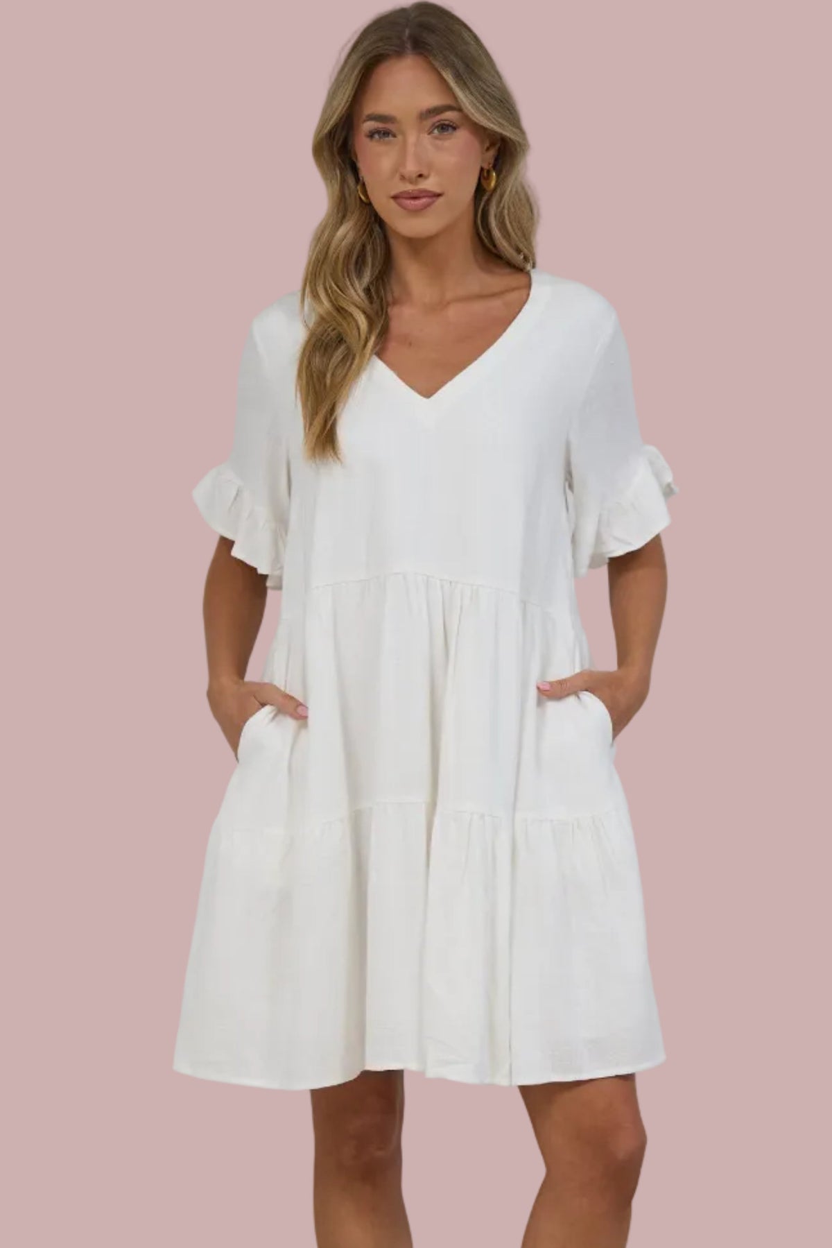 Audrina Mini Dress - Soft V Neck Tiered Dress with Short Sleeves and Frill Cuff in White