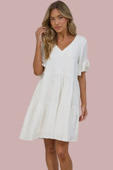 Audrina Mini Dress - Soft V Neck Tiered Dress with Short Sleeves and Frill Cuff in White