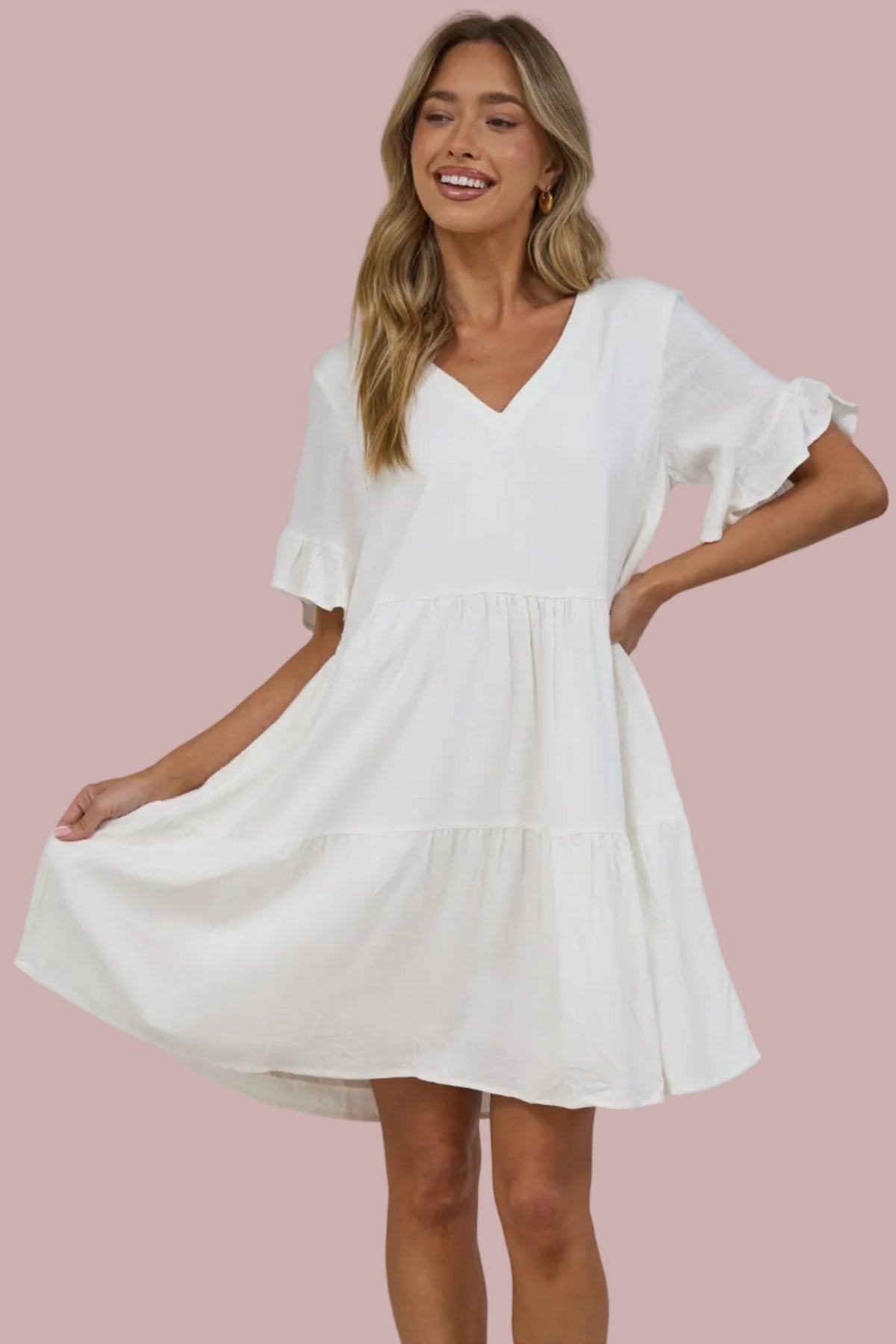 Audrina Mini Dress - Soft V Neck Tiered Dress with Short Sleeves and Frill Cuff in White