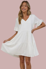 Audrina Mini Dress - Soft V Neck Tiered Dress with Short Sleeves and Frill Cuff in White