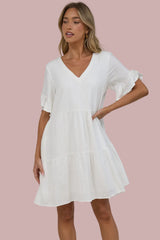 Audrina Mini Dress - Soft V Neck Tiered Dress with Short Sleeves and Frill Cuff in White
