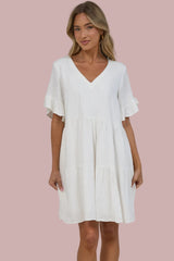 Audrina Mini Dress - Soft V Neck Tiered Dress with Short Sleeves and Frill Cuff in White