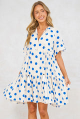 Abilia Mini Dress - Mandarin Collar Smock Dress in Connie Print Cream/Blue