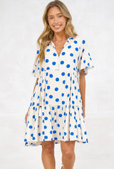 Abilia Mini Dress - Mandarin Collar Smock Dress in Connie Print Cream/Blue
