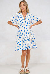 Abilia Mini Dress - Mandarin Collar Smock Dress in Connie Print Cream/Blue